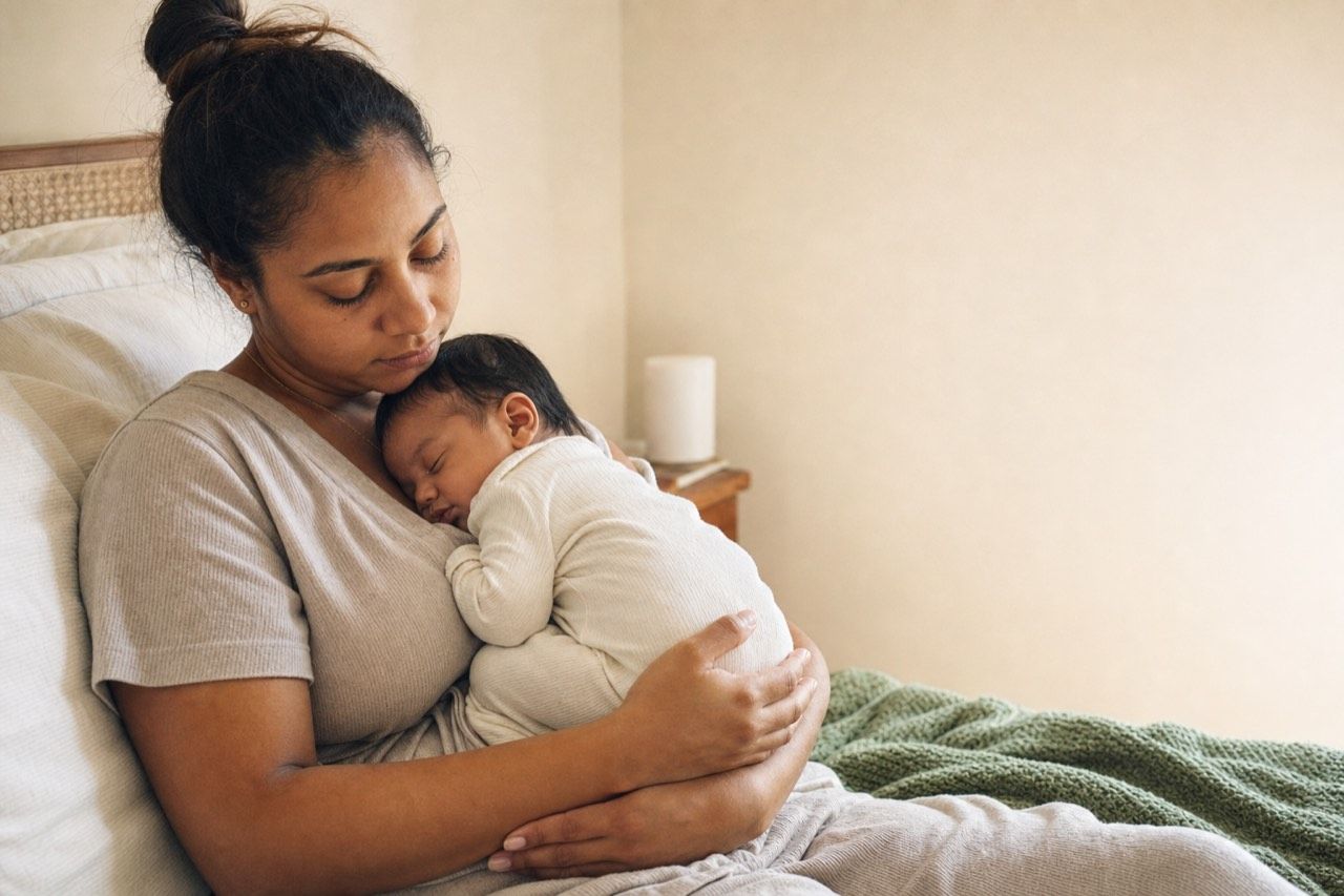 Mãe recente segurando o recém-nascido adormecido no colo, em quarto de luz suave